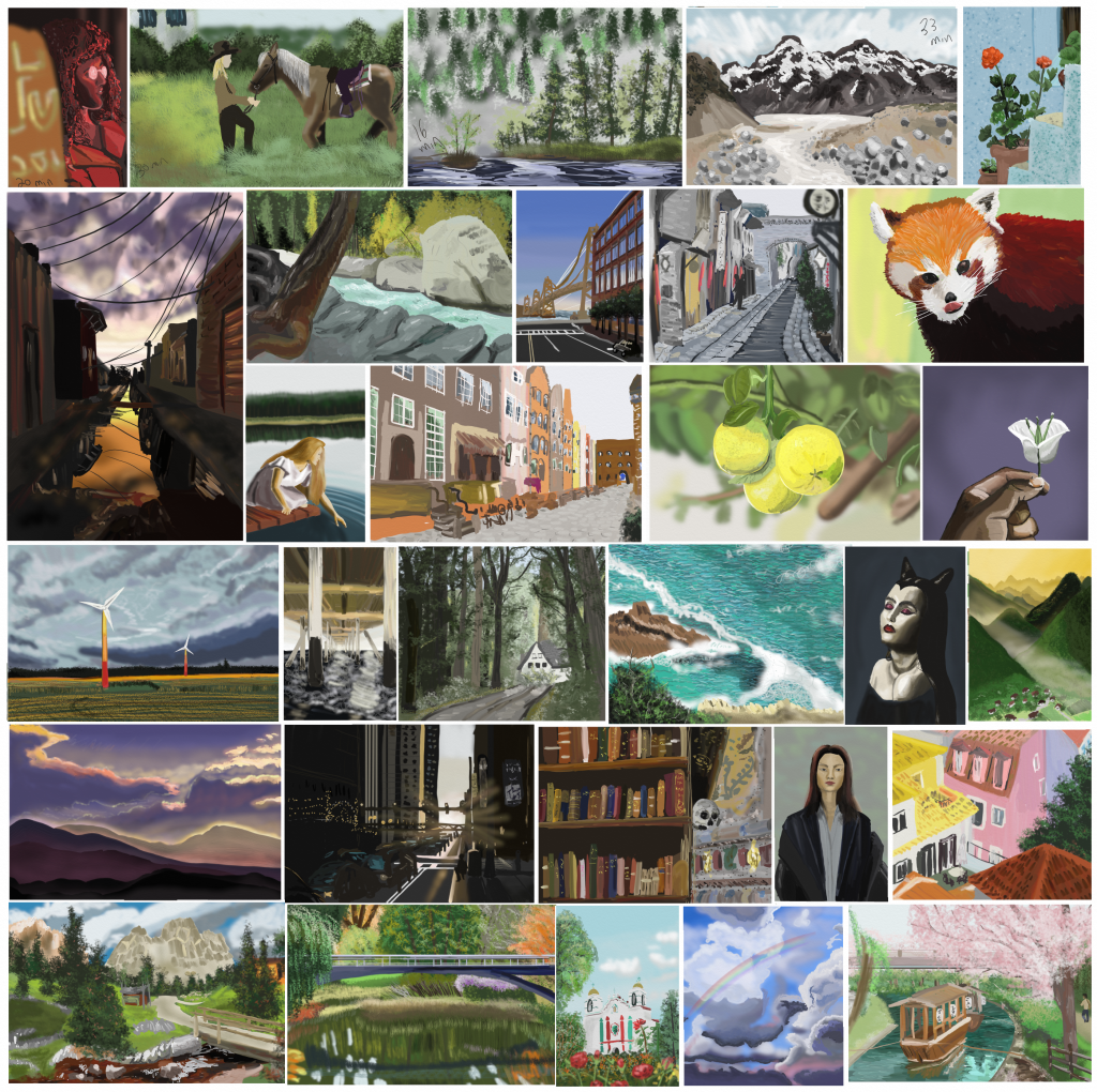 A collage of thirty digital paintings. 