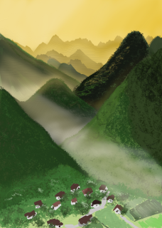 Green and gold mountains with early-morning-light making the sky yellow.