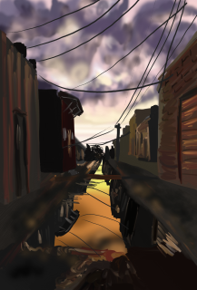A dark town street at sunset, sky cloudy purple